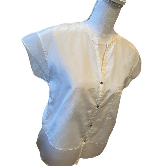 Helmut Lang Boxy Short Sleeve Multi media Collarless Top Cotton Silk Ivory - Picture 3 of 6